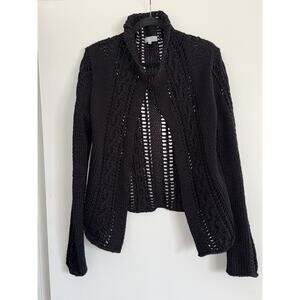 Fahri Heavy Black Cable Knit Cotton Cardigan Office Casual Chic Comfy Party Sz L